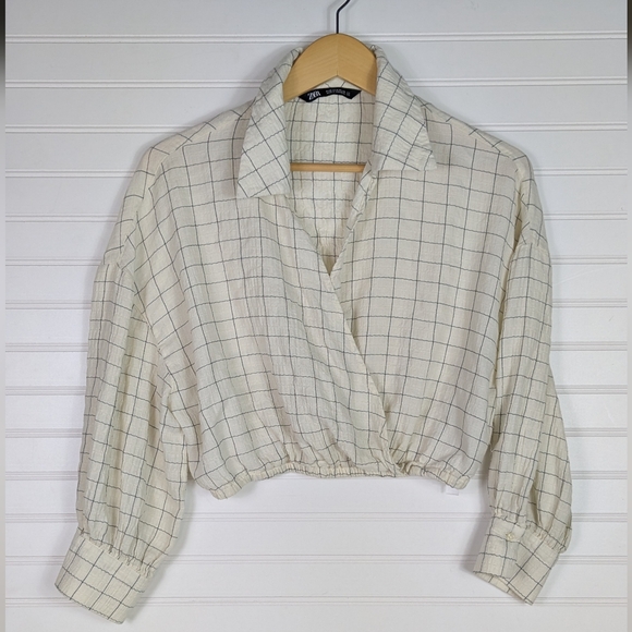 Zara S Cropped Ivory Windowpane Faux Wrap Collared long Sleeve Blouse - Picture 2 of 7